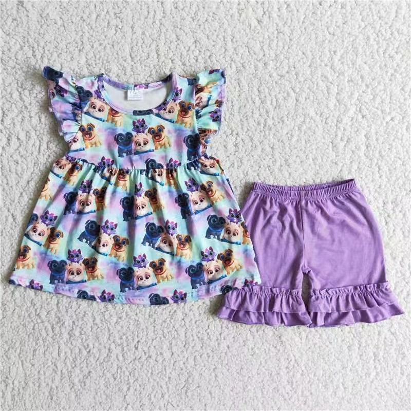 Girls Dogs Outfits Flutter Sleeves Purple Shorts