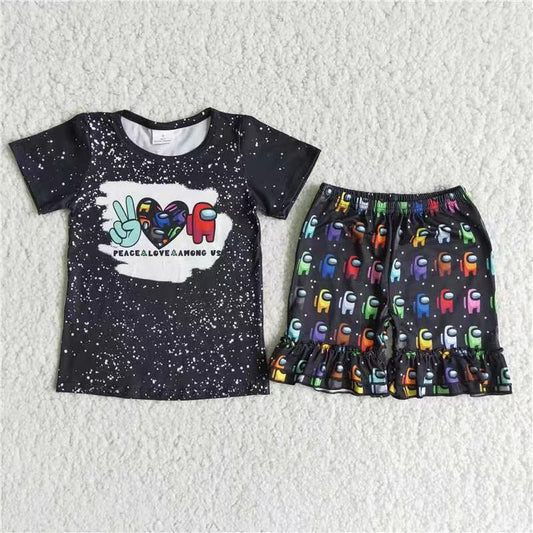 Girls Cartoon Peace Love Outfits Short Sleeves Black Shorts Sales