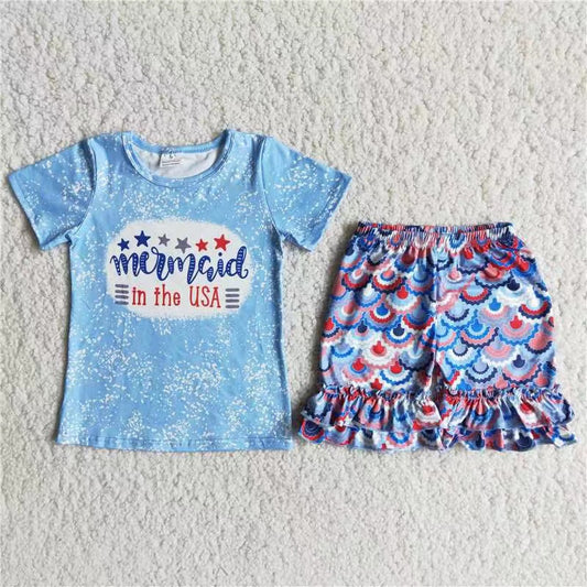 Girls USA Outfits Short Sleeves Blue Shorts