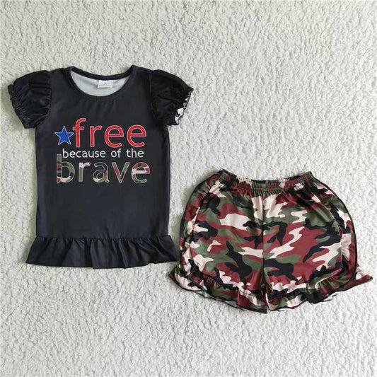 Girls Free Brave Outfits Short Sleeves Camo Shorts