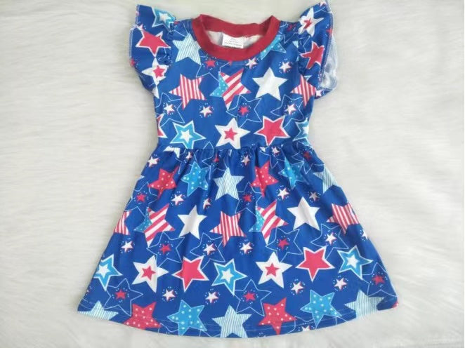 Girls July Fourth Blue Stars Dress Flutter Sleeves