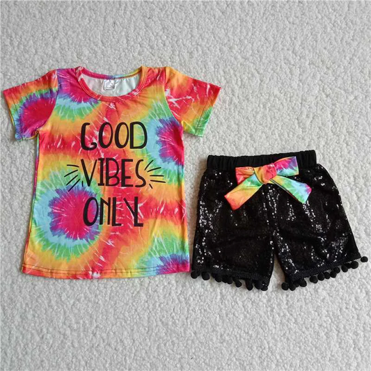 Girls Good Vibes Tie-dye Outfits Short Sleeves Black Shorts