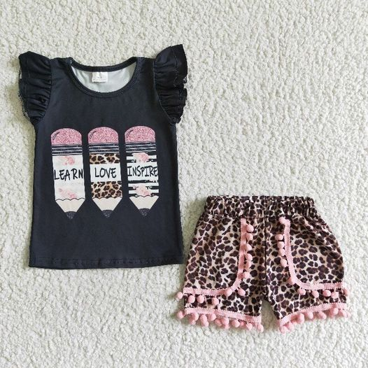 Girls Pencil Outfits Short Sleeves Leopard Shorts