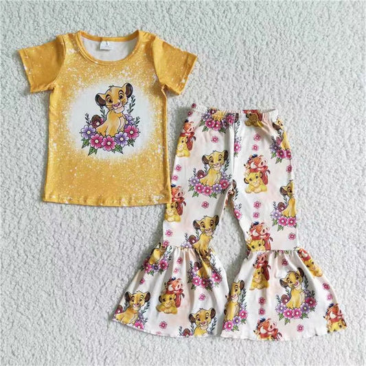 Girls Cartoon Yellow Outfits Short Sleeves Bell Bottom Pants