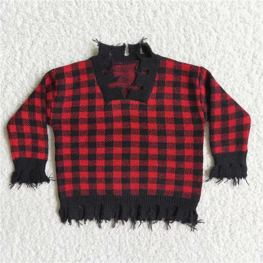 Girls Black Red Plaid Sweater