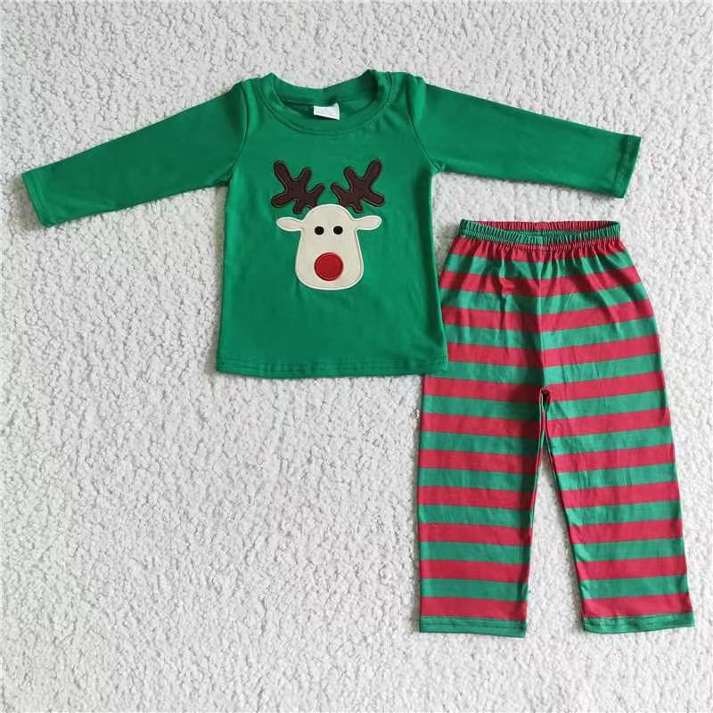 Boys Embroidery Christmas Deer Green Outfits Long Sleeves