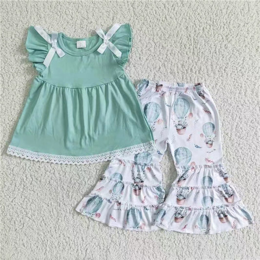 Girls Green Hot Air Balloon Bunny Outfits Flutter Sleeves Bell Bottom Pants