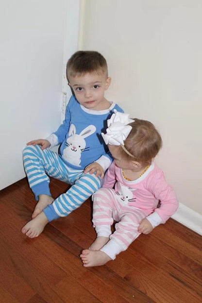 Boys Easter Rabbit Embroidery Pajamas Long Sleeves Blue Stripe Pants