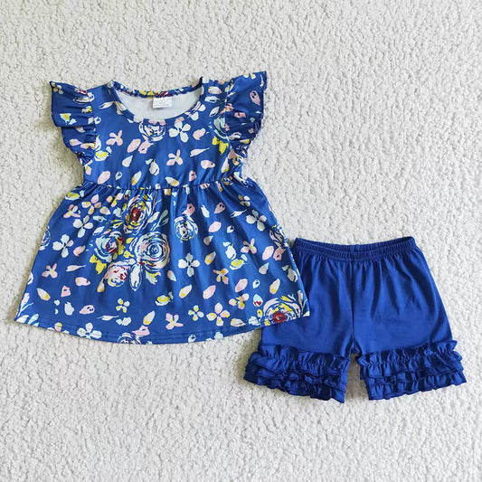 Girls Floral Outfits Short Sleeves Blue Shorts Sales