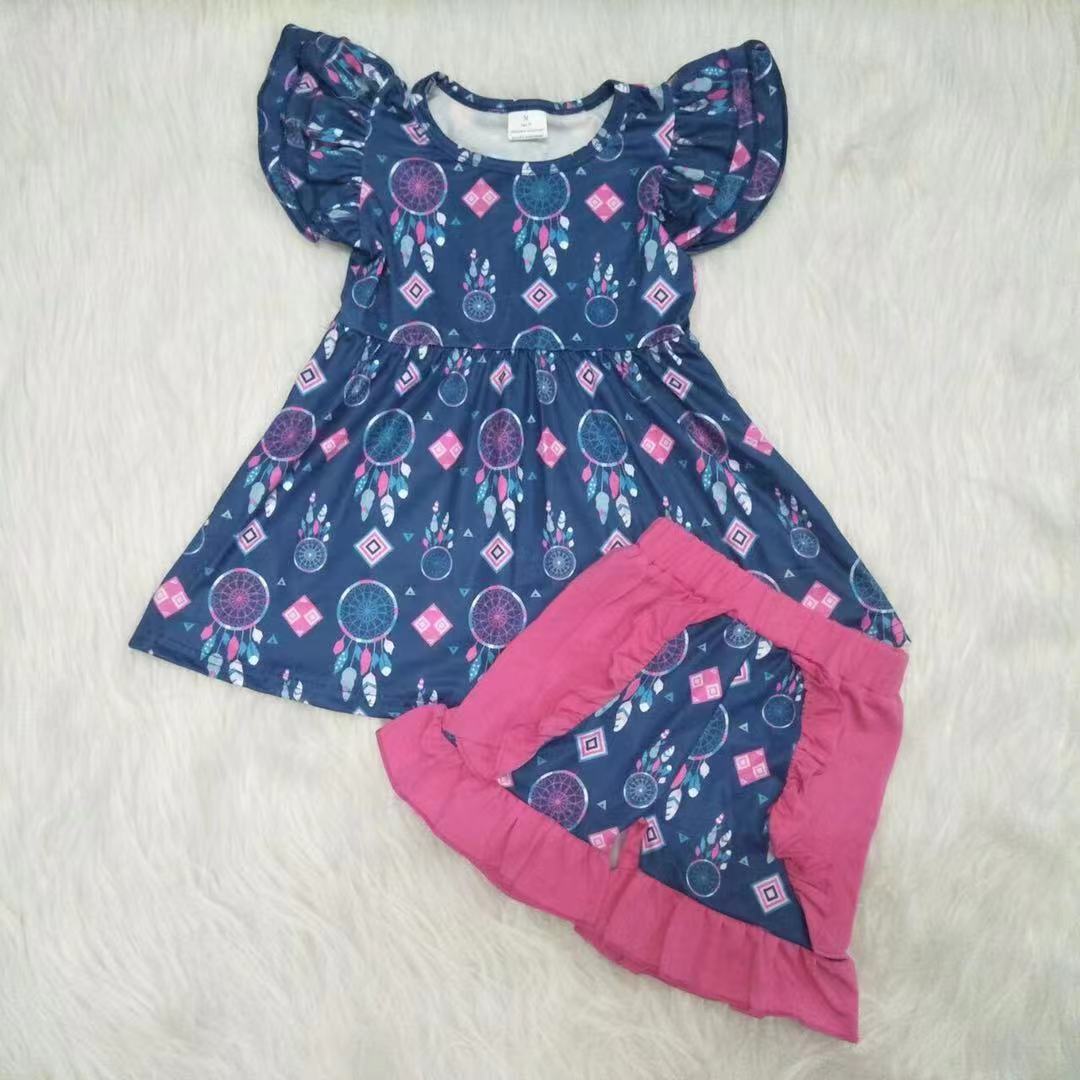 Girls Navy Outfits Short Sleeves Ruffle Shorts Sales