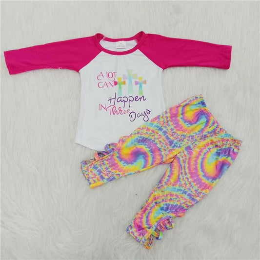 Girls Easter Cross Outfits Long Sleeves Tie-dye Pants