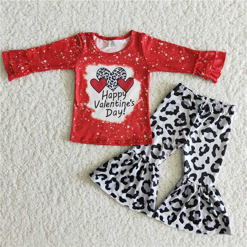 Girls Happy Valentine's Day Outfits Long Sleeves Leopard Pants