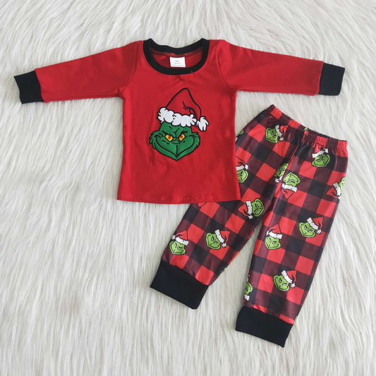 Boys Embroidery Christmas Outfits Long Sleeves Joggers Red