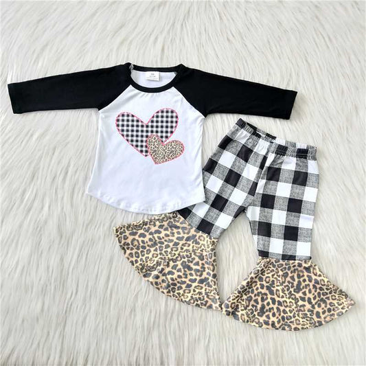 Girls Valentine's Day Black Outfits Long Sleeves Checked Pants