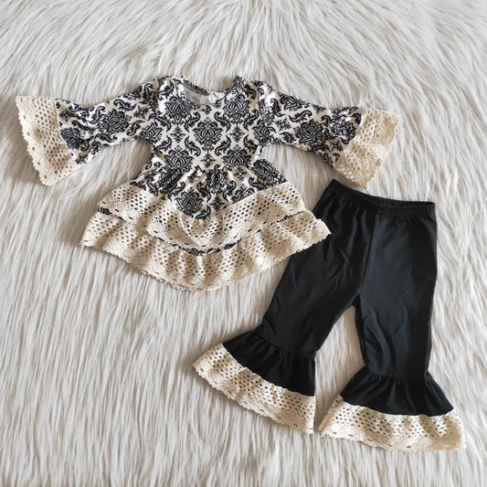 Girls Floral Lace Outfits Long Sleeves Black Pants