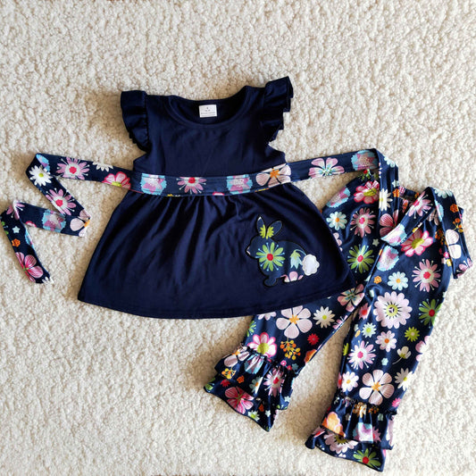 Girls Easter Embroidery Rabbit Navy Outfits Short Sleeves Floral Pants