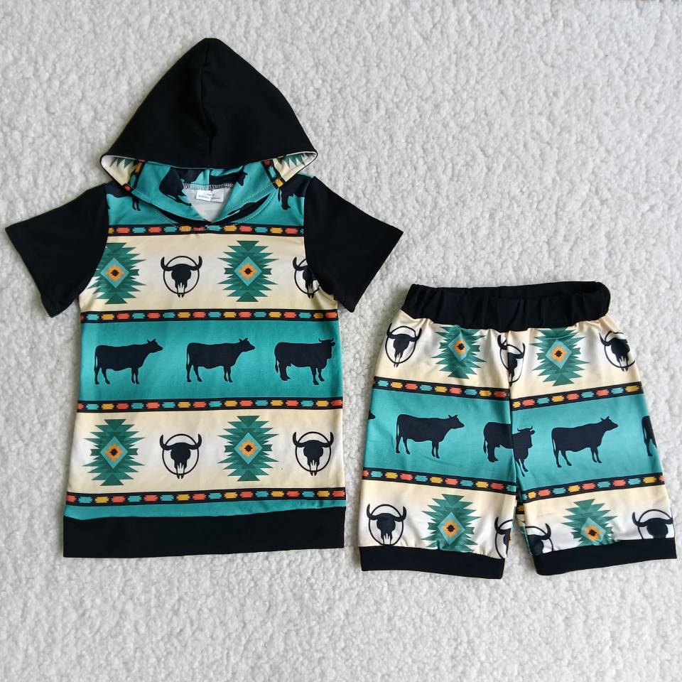 Boys Cow Outfits Short Sleeves Hoodies Shorts