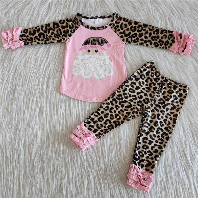 Baby Girls Pink Christmas Santa Outfits Long Sleeves Leopard Pants