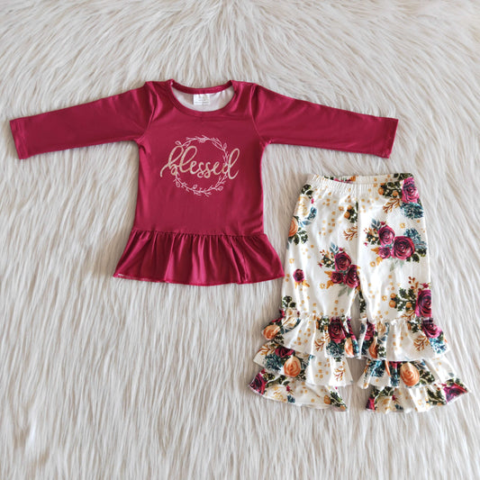 Girls Blessed Outfits Long Sleeves Floral Pants