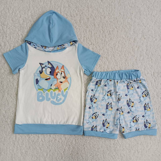 Boys Cartoon Outfits Short Sleeves Hoodies Sky Blue Shorts