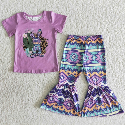 Girls Easter Rabbit Outfits Short Sleeves Purple Pants