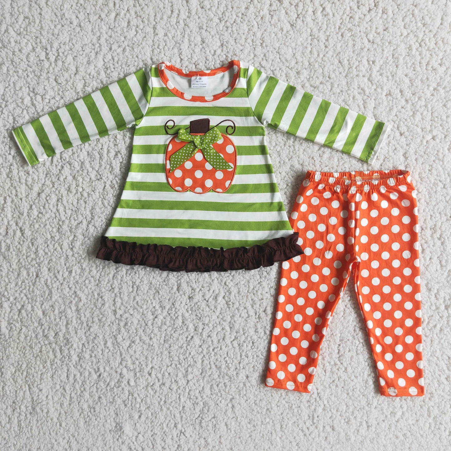 Baby Girls Embroidery Pumpkin Outfits Long Sleeves Polka Dot Pants Green Clothing