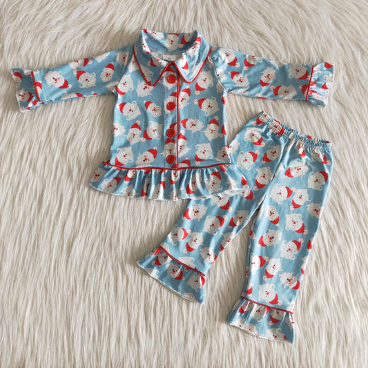 Girls Christmas Santa Pajamas Long Sleeves Pants Blue