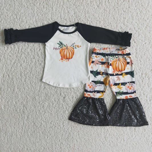 Baby Girls Long Sleeves Bell Bottom Sequin Pants Pumpkin Outfits Black Clothing