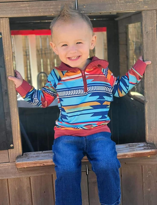 Boys Red Stripe Pullover Long Sleeves Zip