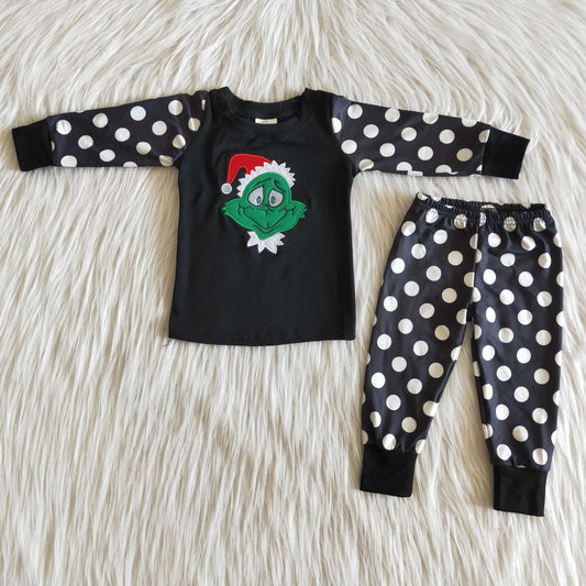 Girls Embroidery Christmas Pajamas Long Sleeves Joggers Black Polka Dot