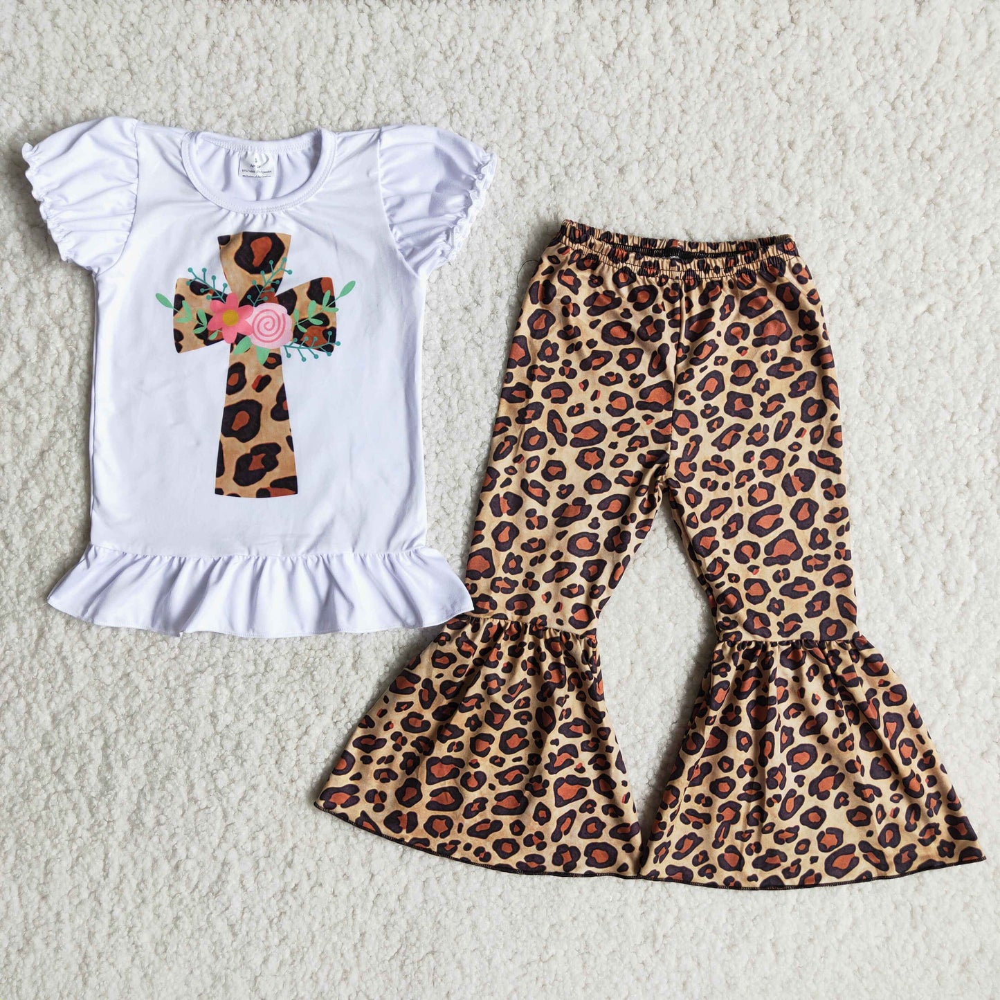 Girls Easter Cross Outfits Short Sleeves leopard Pants