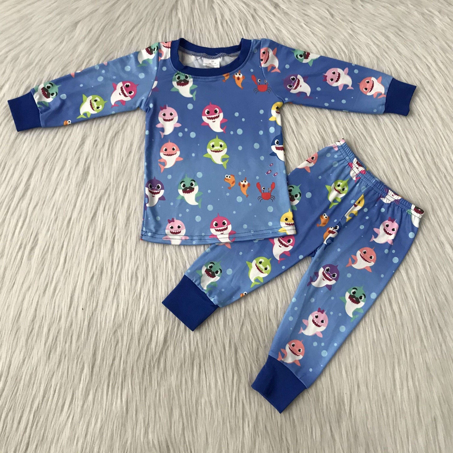 Boys Cartoon Shark Pajamas Long Sleeves Joggers Blue