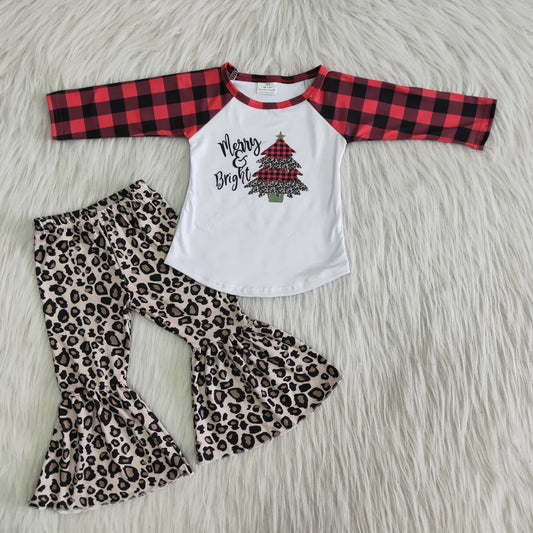 Girls Merry Christmas Tree Outfits Long Sleeves Bell Bottom Leopard Pants