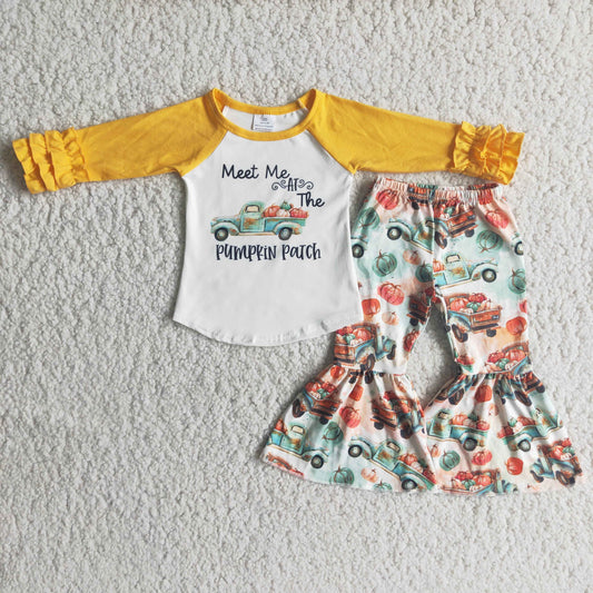 Baby Girls Pumpkin Patch Outfits Long Sleeves Bell Bottom Pants Yellow Clothing