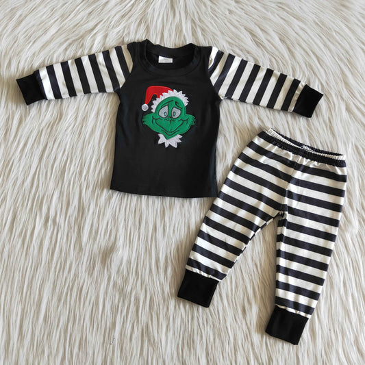 Boys Embroidery Christmas Pajamas Long Sleeves Joggers Black Stripe