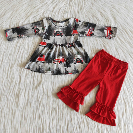 6 A19-11 Baby Girls Christmas Car Outfits Long Sleeves Red Ruffled Pants Clothing