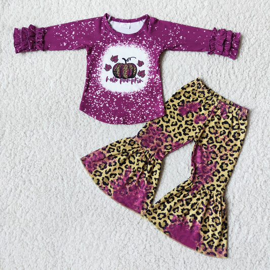 Baby Girls Hello Pumpkin Outfits Long Sleeves Bell Bottom Pants Purple Leopard Clothing