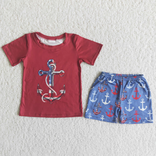 Boys Anchor Outfits Short Sleeves Red Shorts