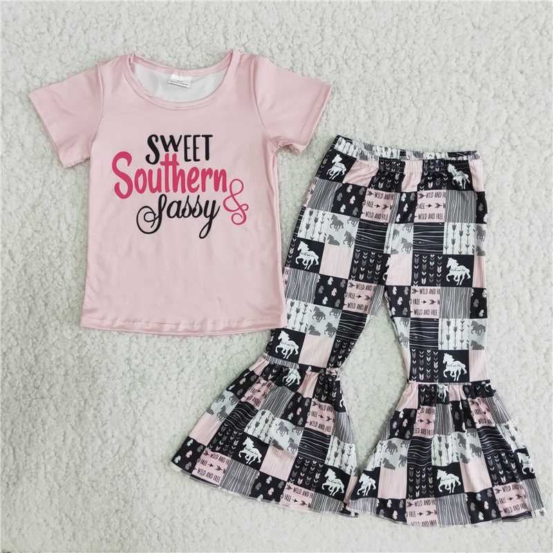 Girls Sassy Horse Outfits Short Sleeves Bell Bottom Pants