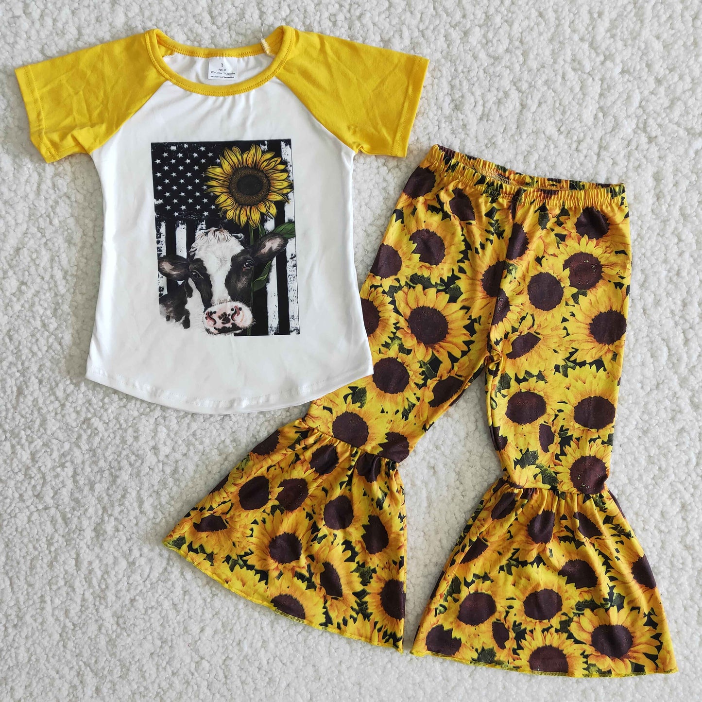 Girls Cow Sunflowers Outfits Short Sleeves Bell Bottom Pants