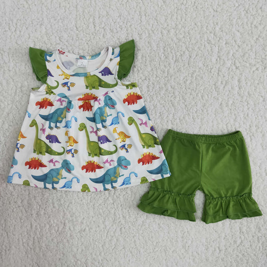 Girls Dinosaurs Outfits Short Sleeves Green Shorts