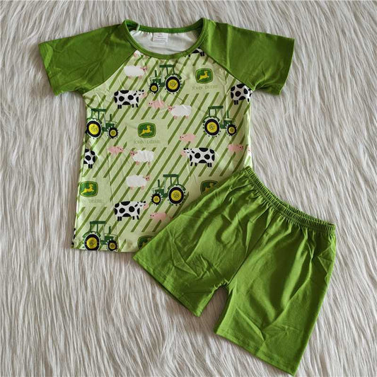 Boys Farm Outfits Short Sleeves Green Shorts