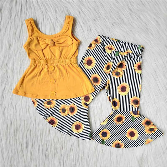 Girls Yellow Bows Outfits Sleeveless Sunflowers Pants