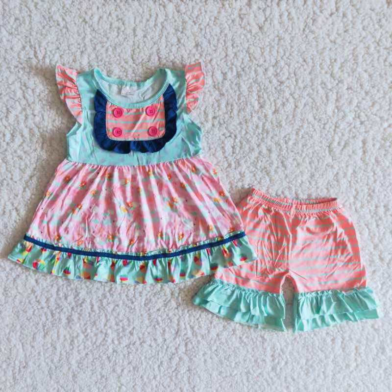 Girls Flamingo Outfits Short Sleeves Pink Shorts