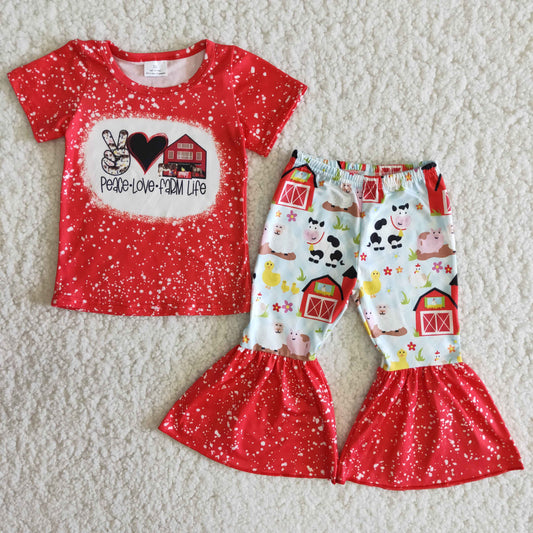 Girls Peace Love Farm life Outfits Short Sleeves Red Pants