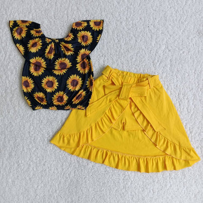 Girls Sunflowers Outfits Short Sleeves Yellow Skirt