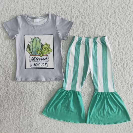 Girls Cactus Outfits Short Sleeves Green Stripe Pants