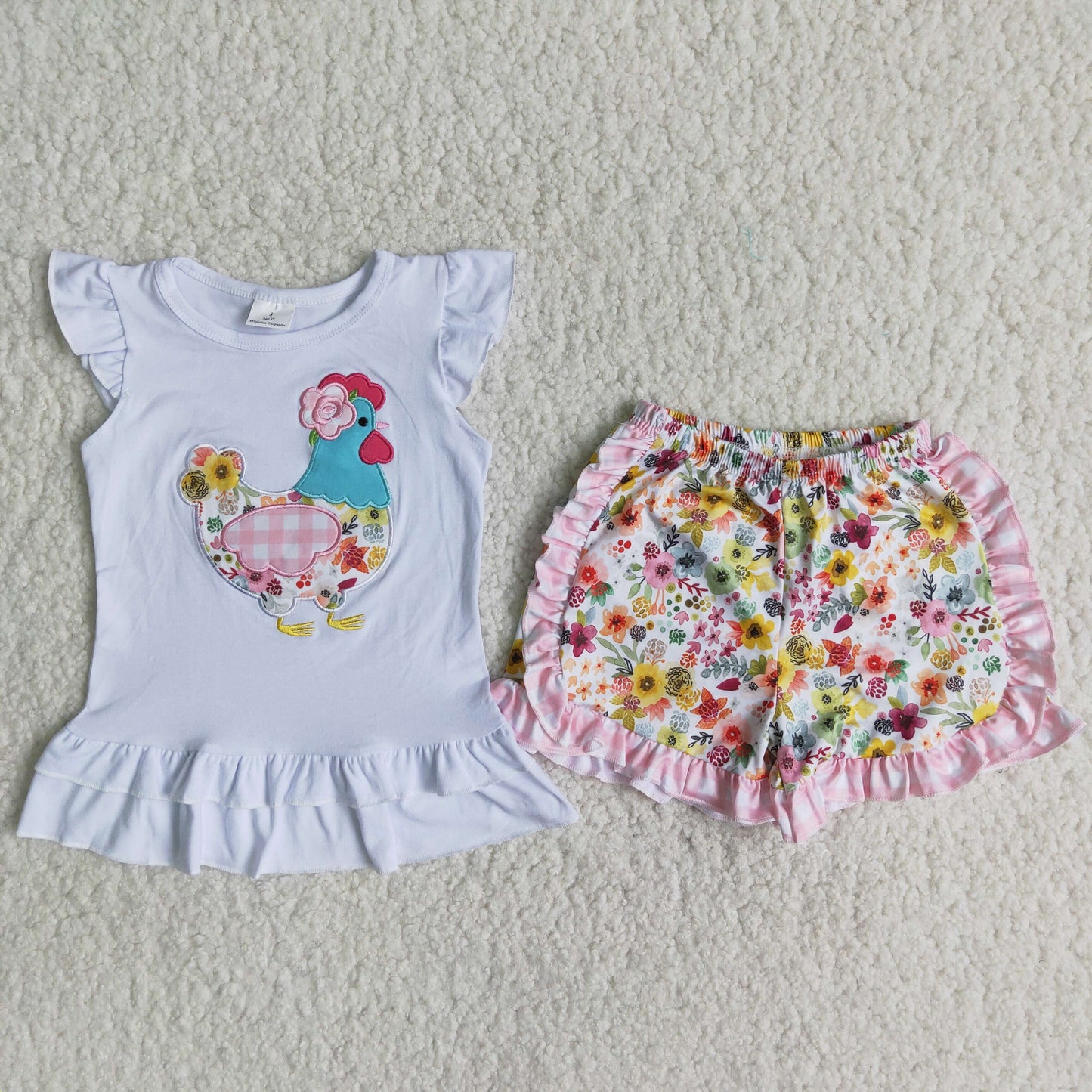 Girls Embroidery Chicken Outfits Short Sleeves Floral Shorts