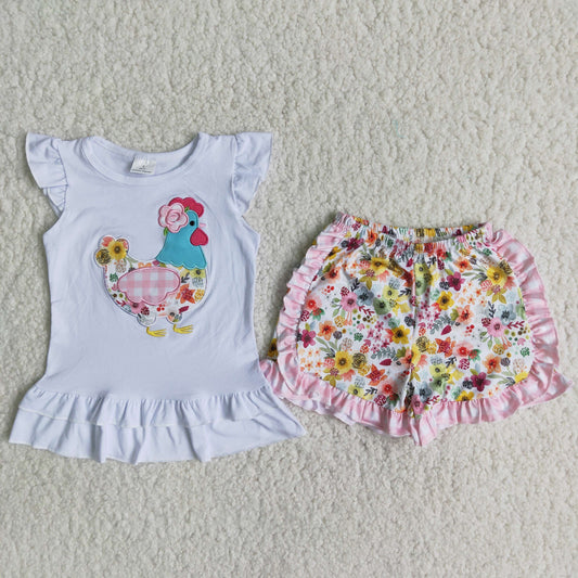 Girls Embroidery Chicken Outfits Short Sleeves Floral Shorts