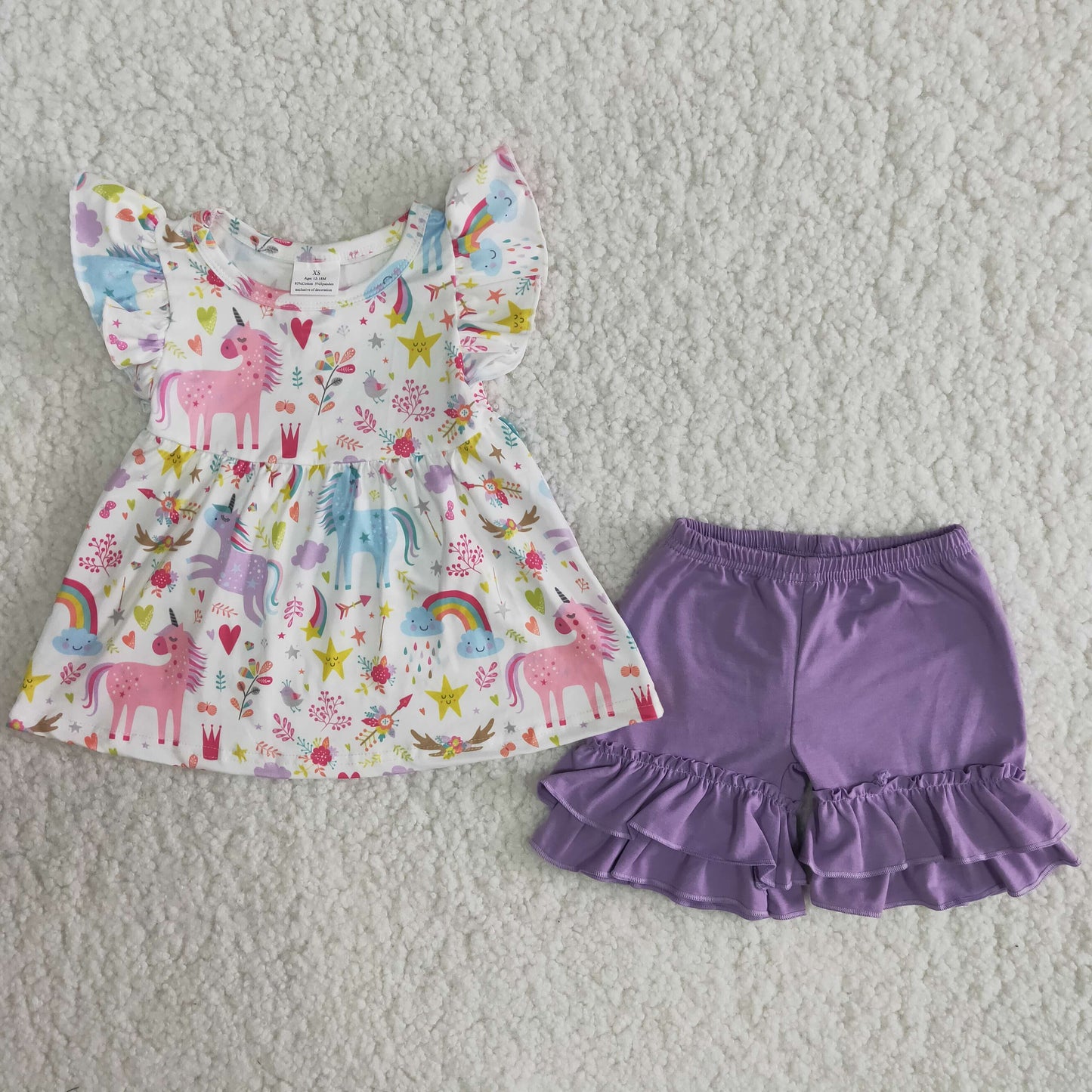 Girls Unicorn Outfits Short Sleeves Purple Shorts